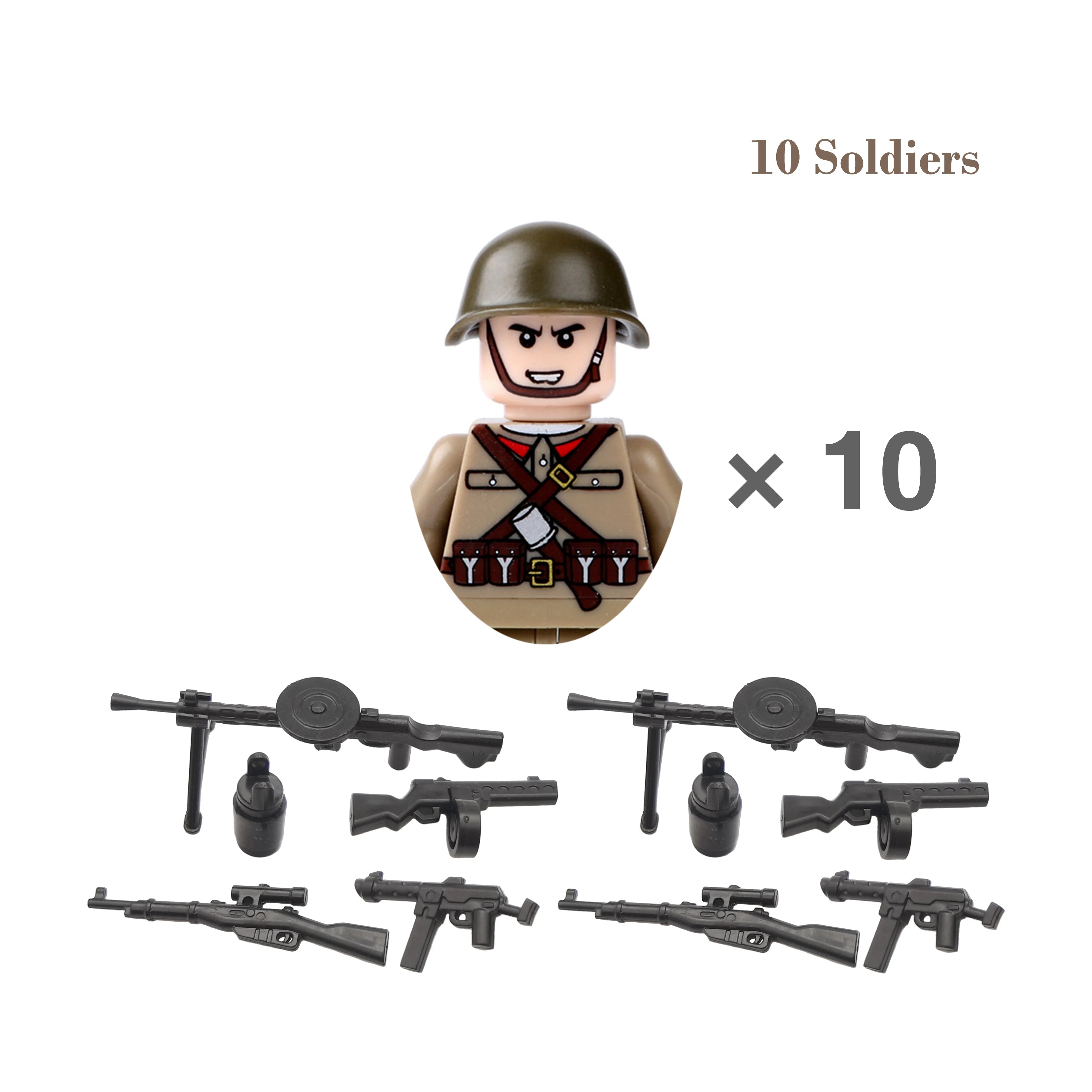 Set of toy soldiers with weapons labeled SR-SVT10S on a white background