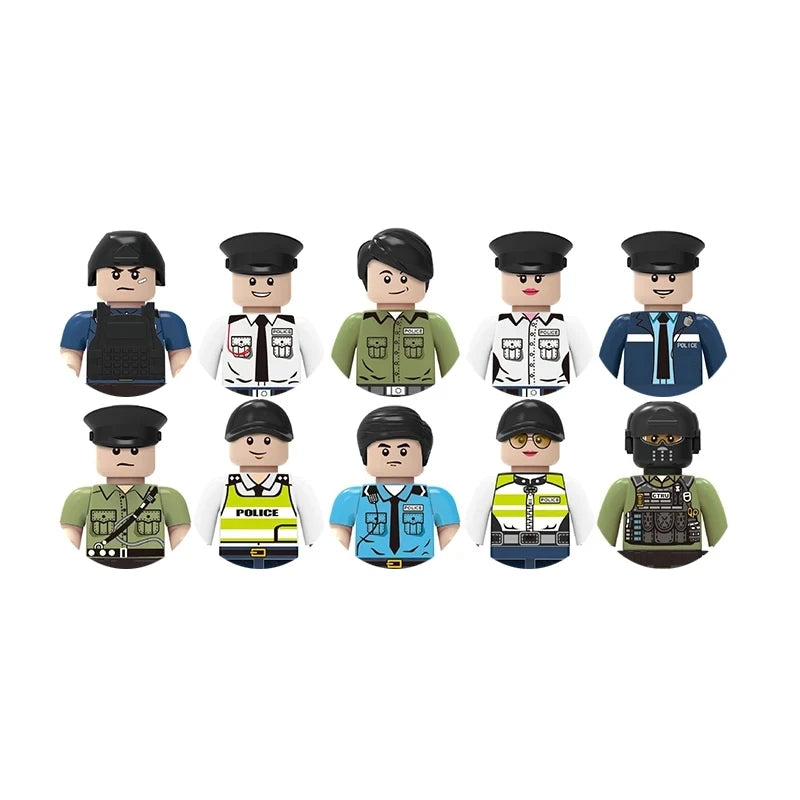 Set of toy figures in various police uniforms on a white background