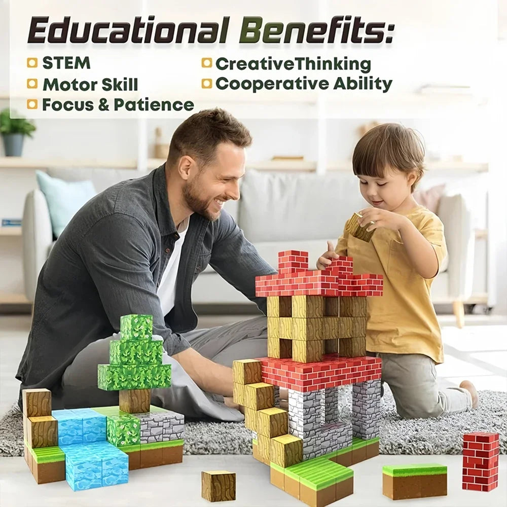 Man and child playing with building blocks in a living room, highlighting educational benefits.
