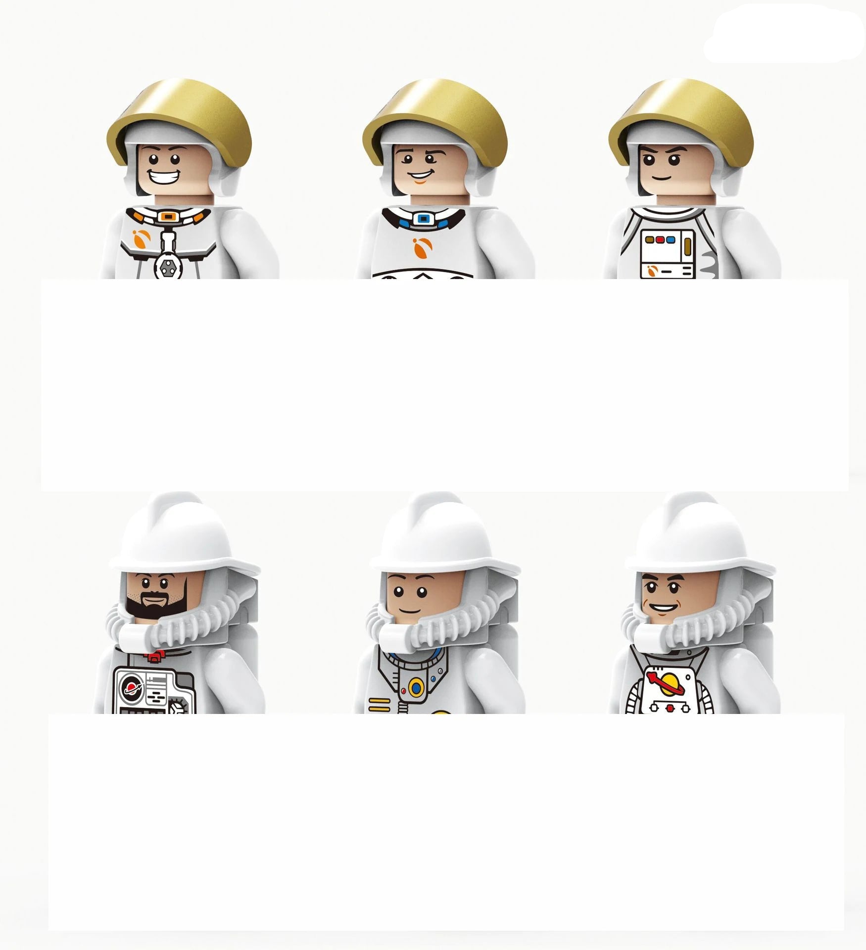 Six astronaut figures in different poses on a white background