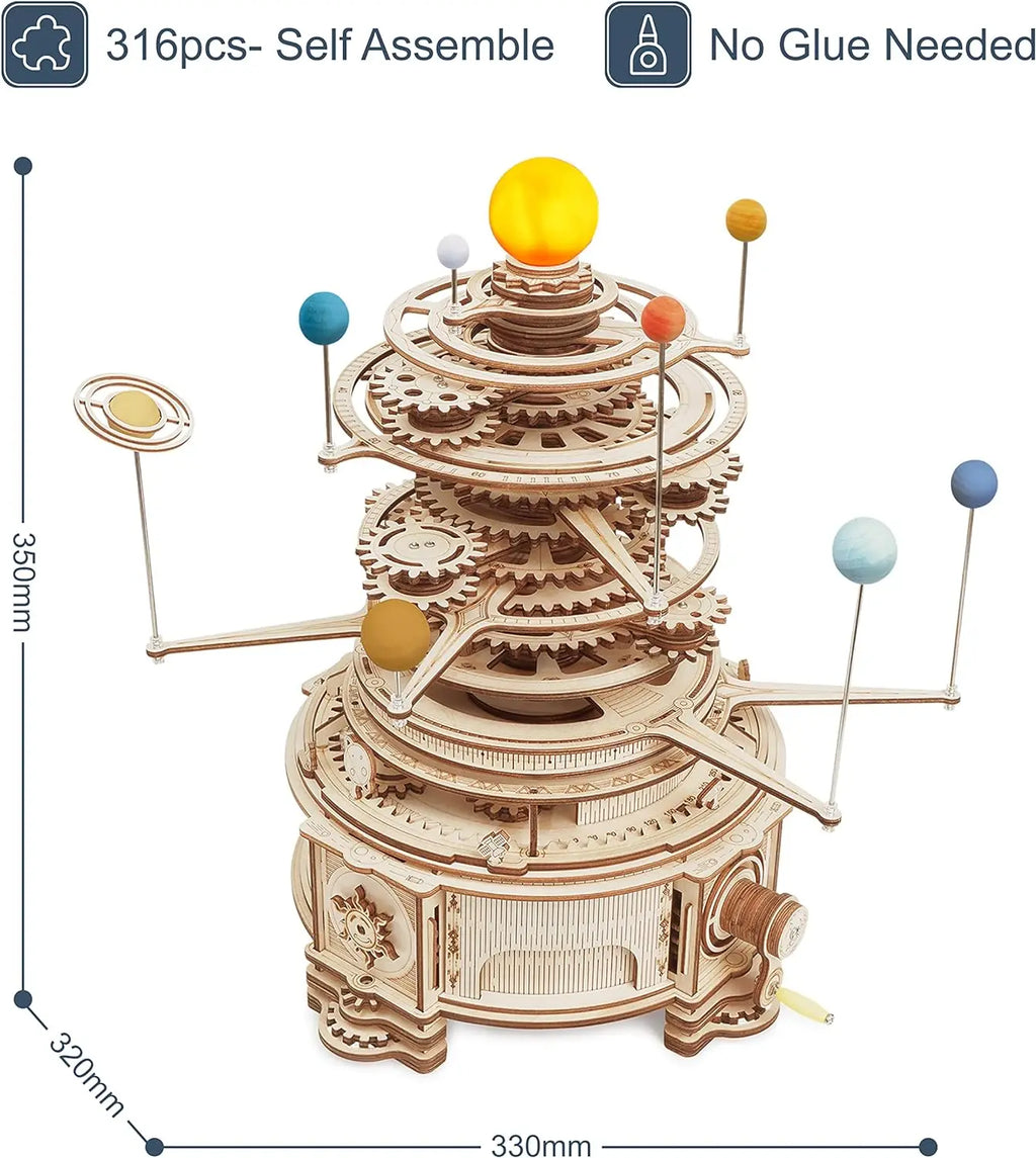 Wooden mechanical model of a solar system with dimensions on a white background