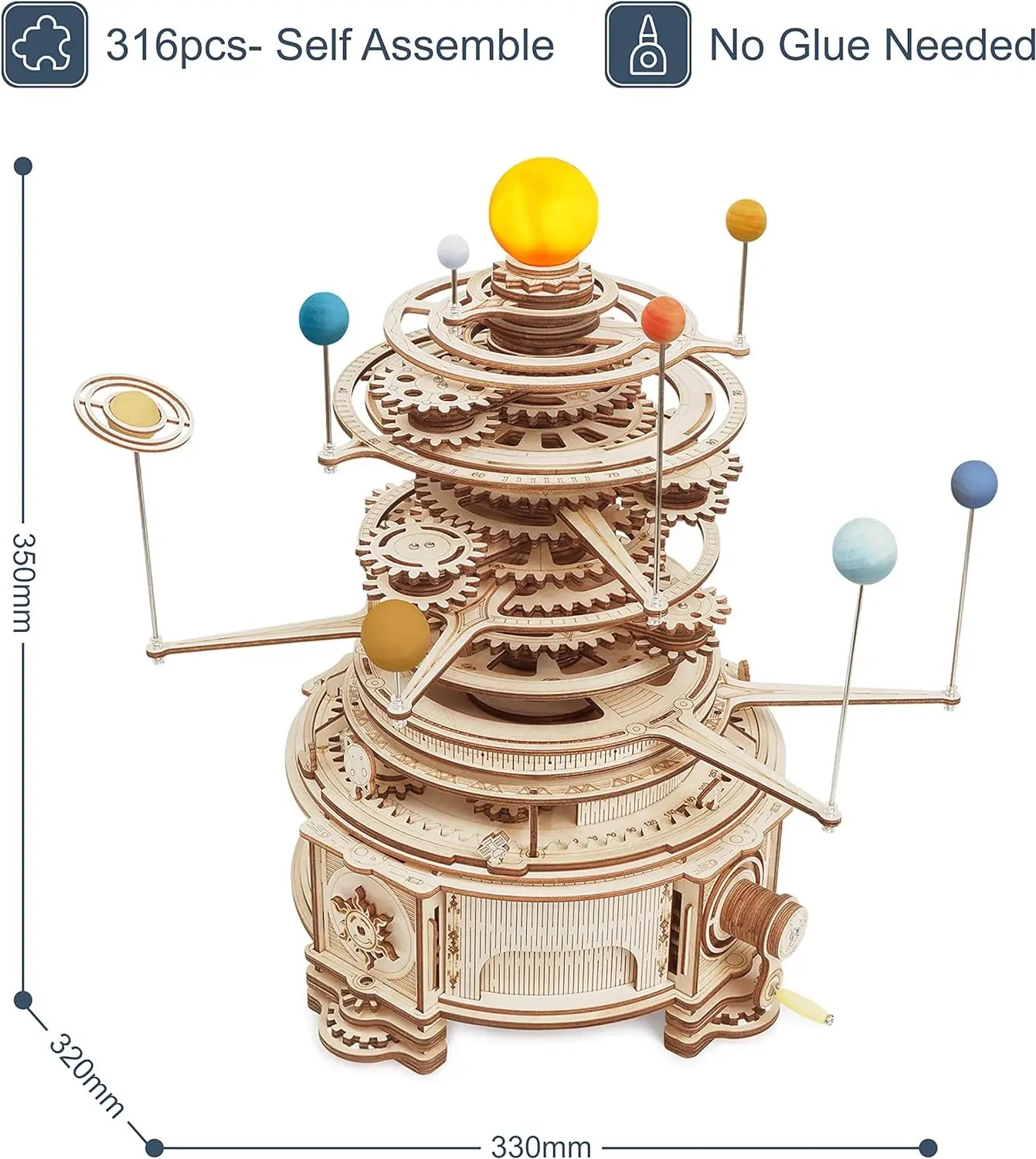 Wooden mechanical model of a solar system with dimensions on a white background