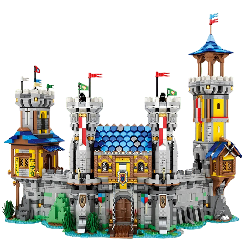 Toy castle set with 'European Century' branding on a scenic background
