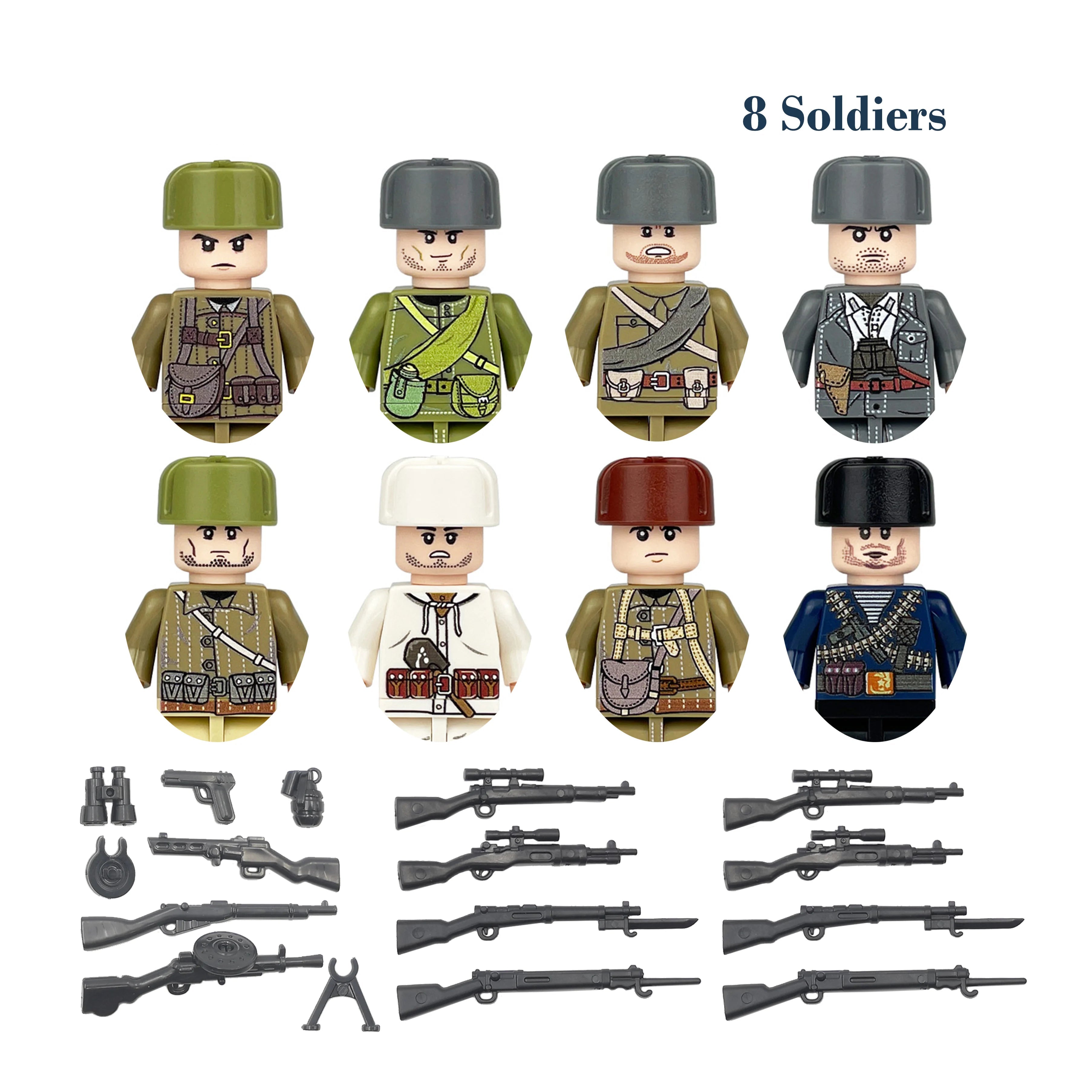 Set of toy soldiers with various uniforms and weapons on a white background