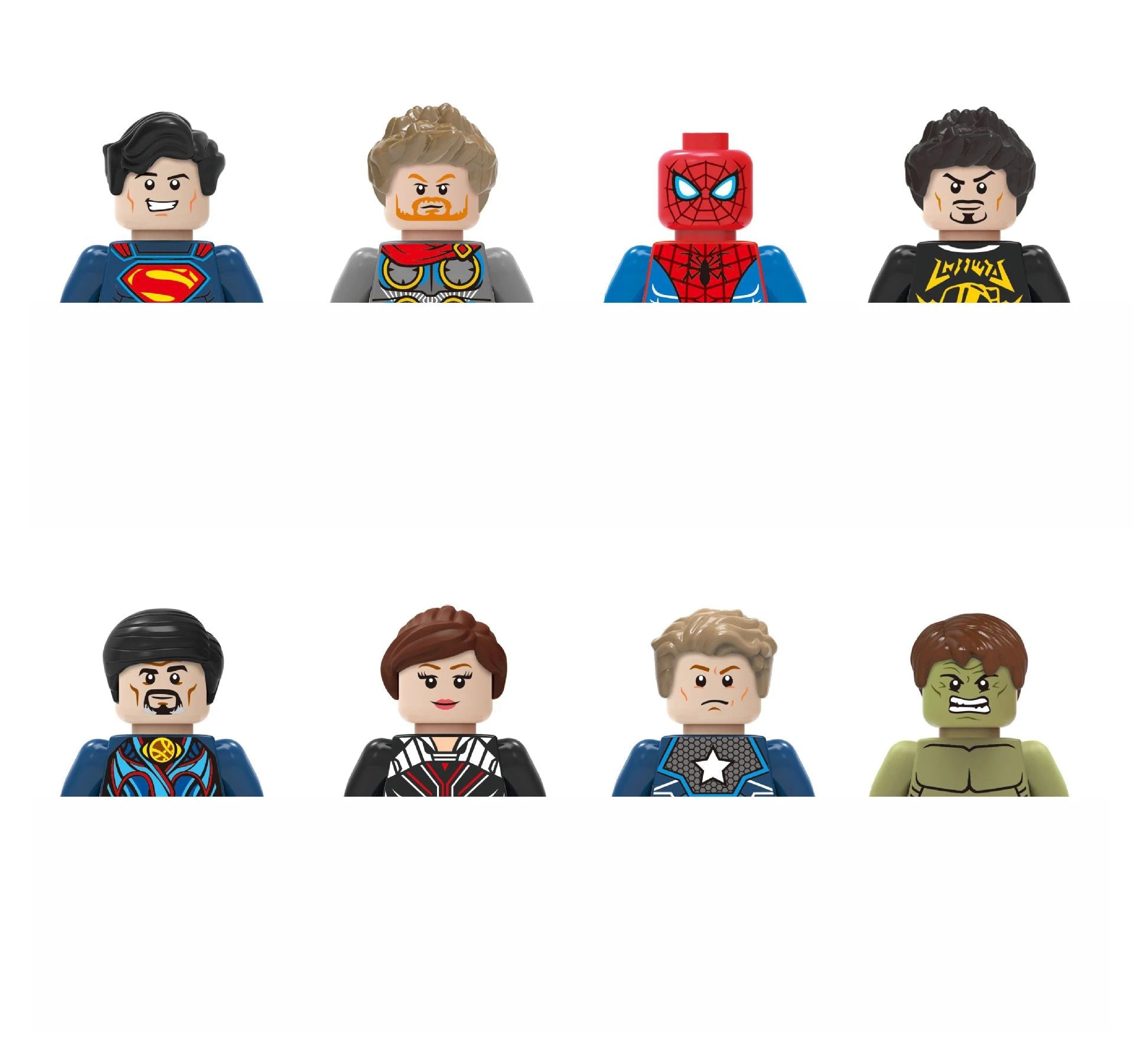 Set of superhero figurines with various characters on a white background