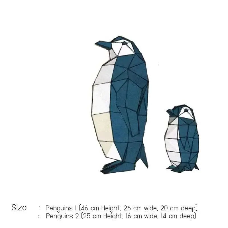 Geometric penguin sculptures with size specifications on a white background
