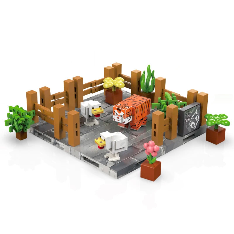 Toy set with animals and a fence on a white background