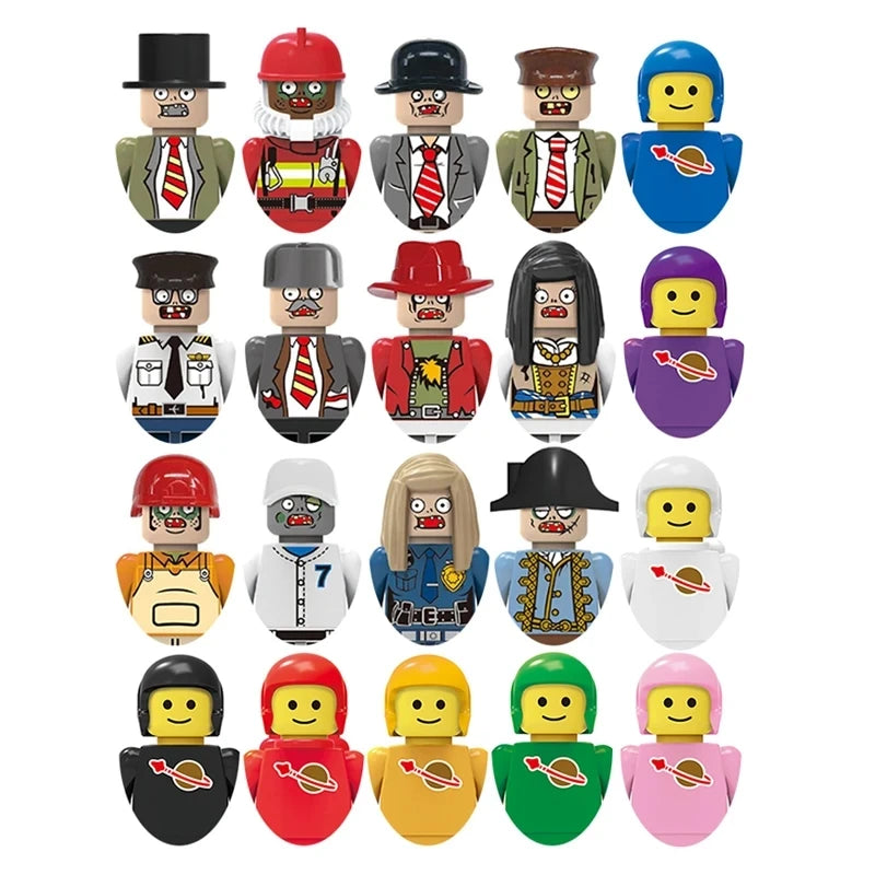 Set of colorful figurines with various designs on a white background
