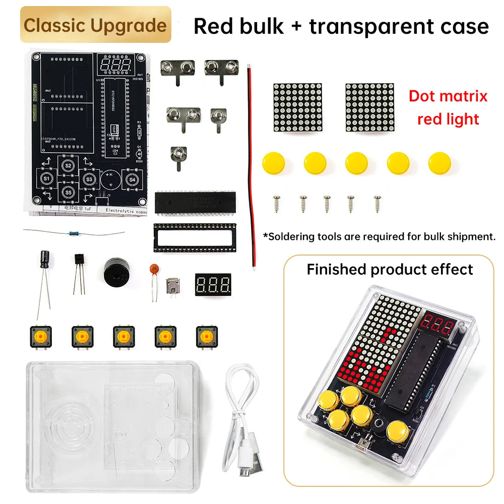 Electronic components and parts for a dot matrix display with clear case, including text 'Red bulk + transparent case' and 'Dot matrix red light'.