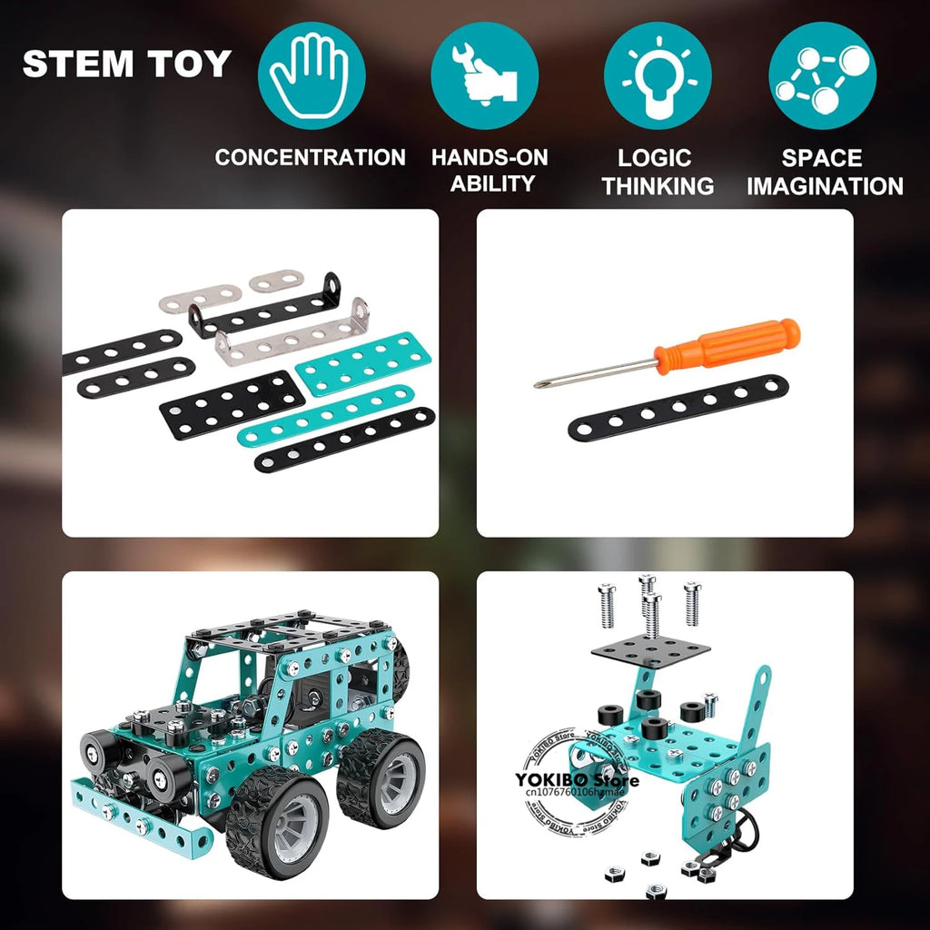 STEM toy set with building pieces and tools on a dark background