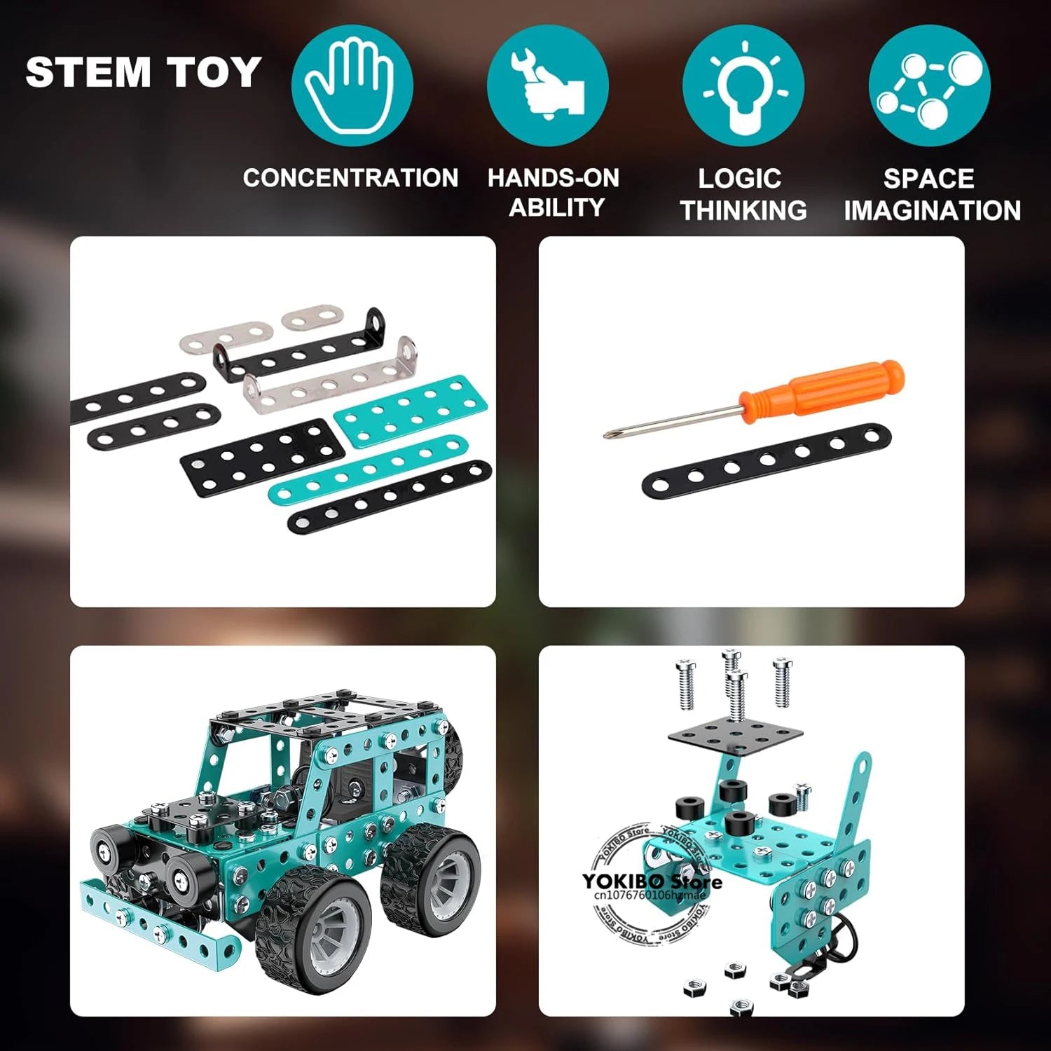 STEM toy set with building pieces and tools on a dark background