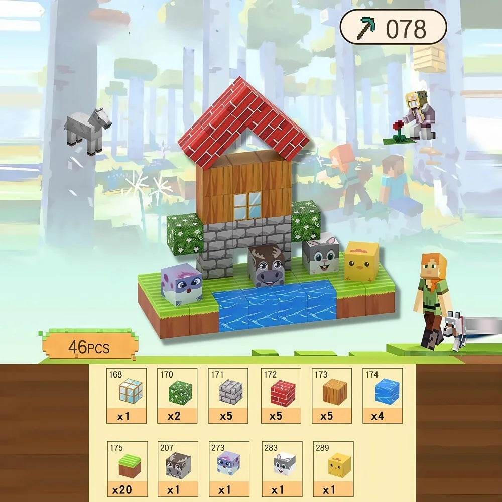 Sandbox game interface with block-style structures and characters in a forest setting.