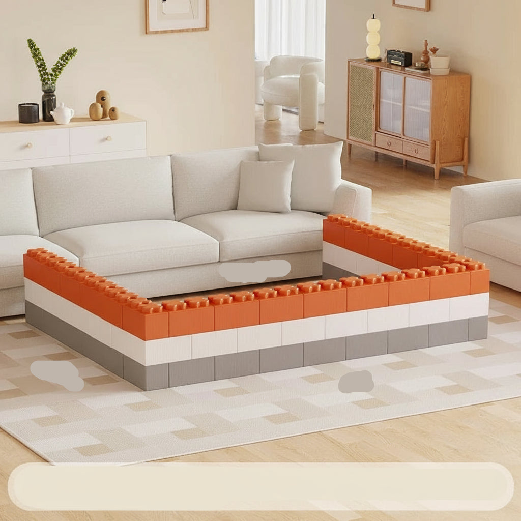 Children's play table made of interlocking blocks in a living room setting