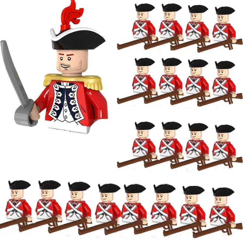 Toy soldiers in red uniforms with black hats arranged in a formation on a white background.