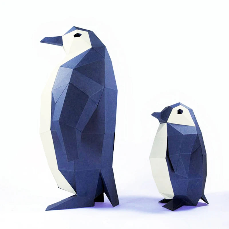 Two geometric penguin sculptures on a white background