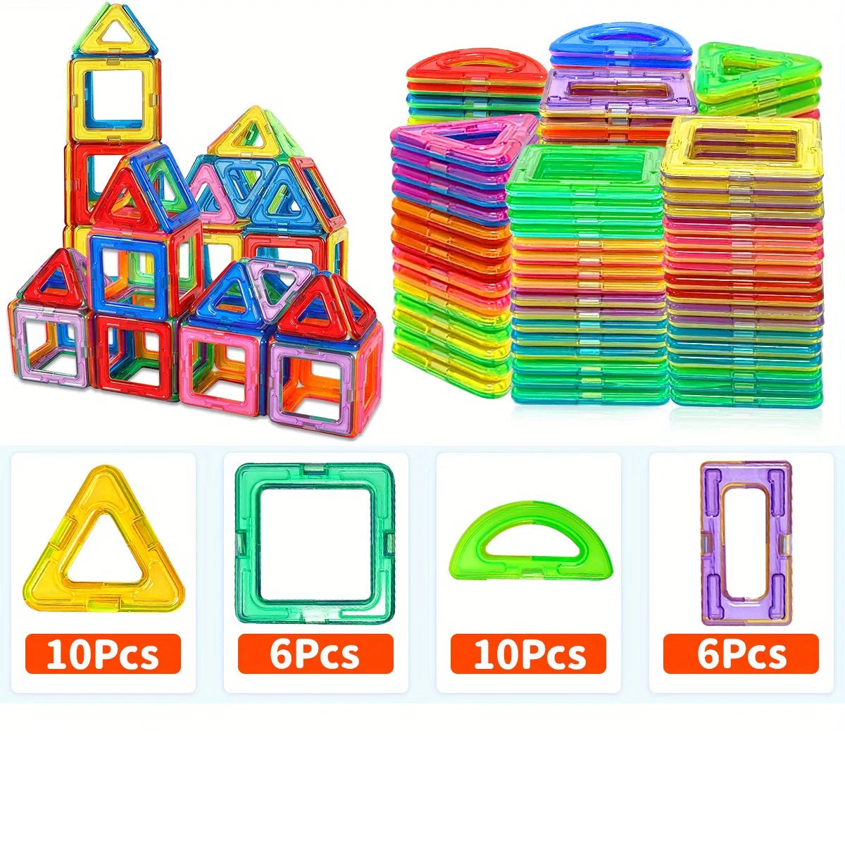 Colorful magnetic building blocks set with various shapes on a white background