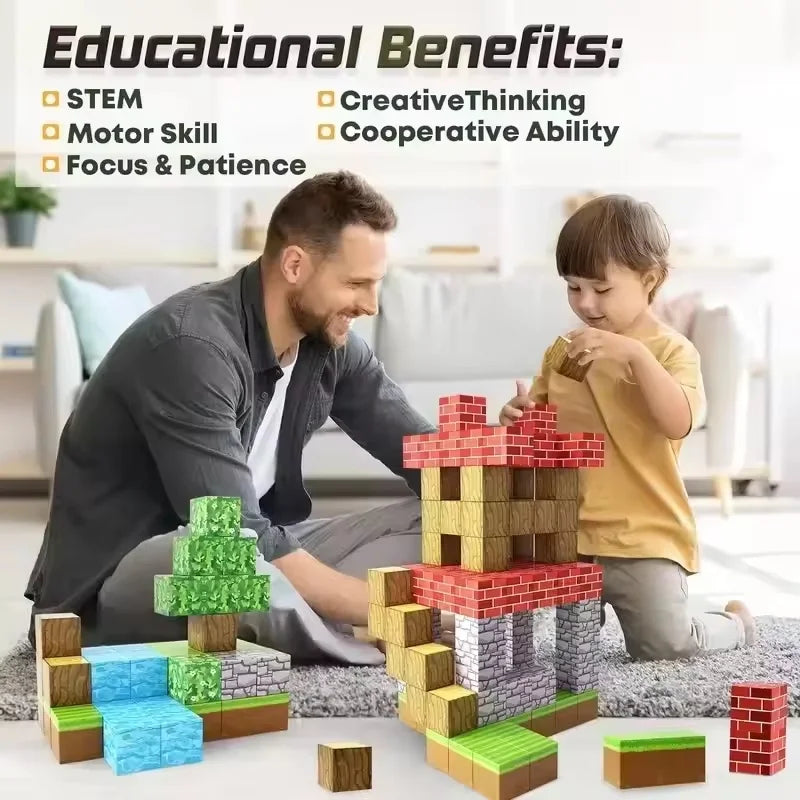 Man and child playing with colorful building blocks in a living room setting, highlighting educational benefits.