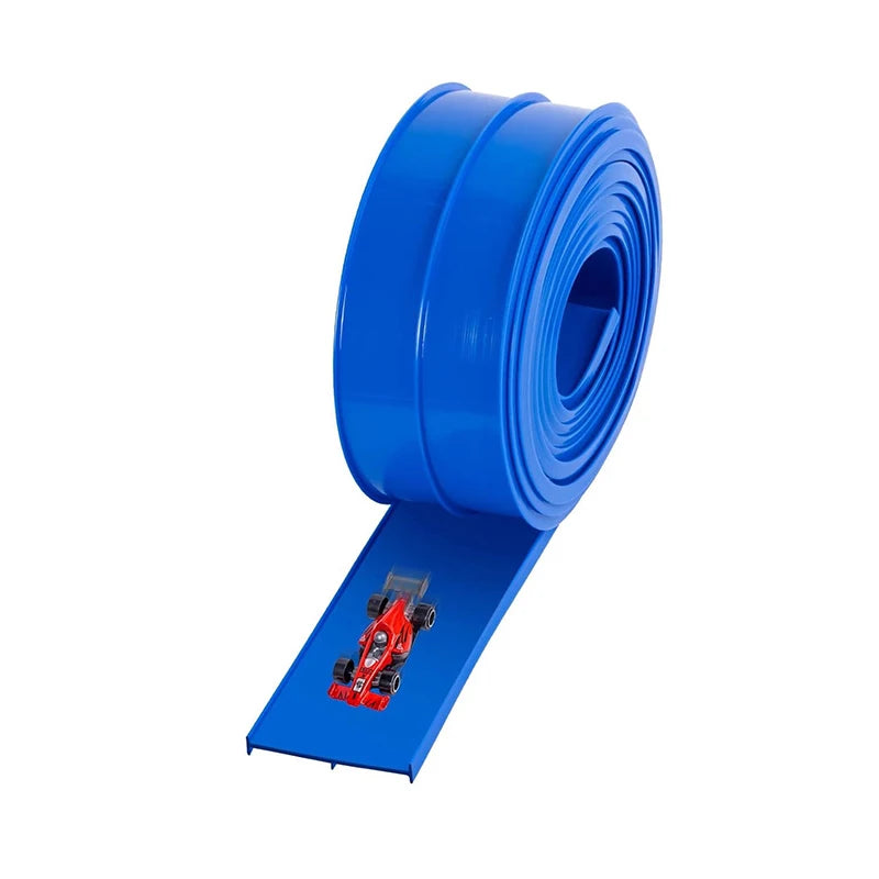 Blue plastic strip with a small red car model on a white background