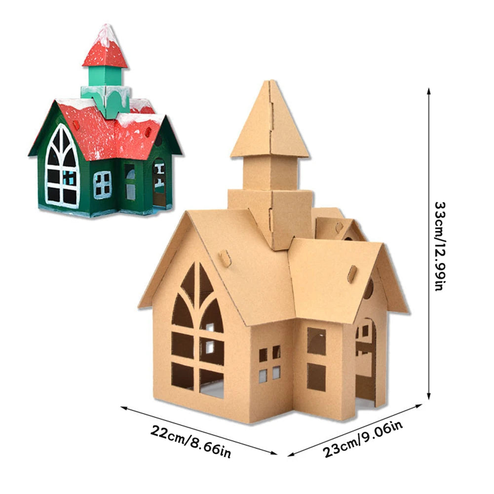 Cardboard house model with measurements on a white background