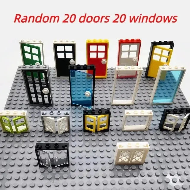 Assorted doors and windows on a gray baseplate with text 'Random 20 doors 20 windows'.