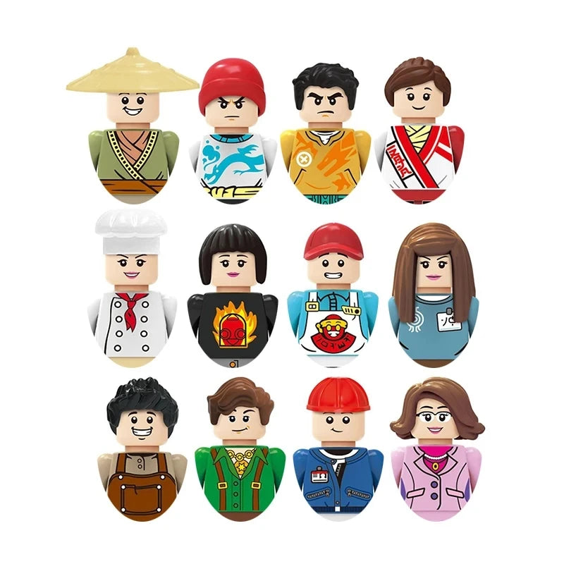 Set of colorful figurines with various outfits on a white background