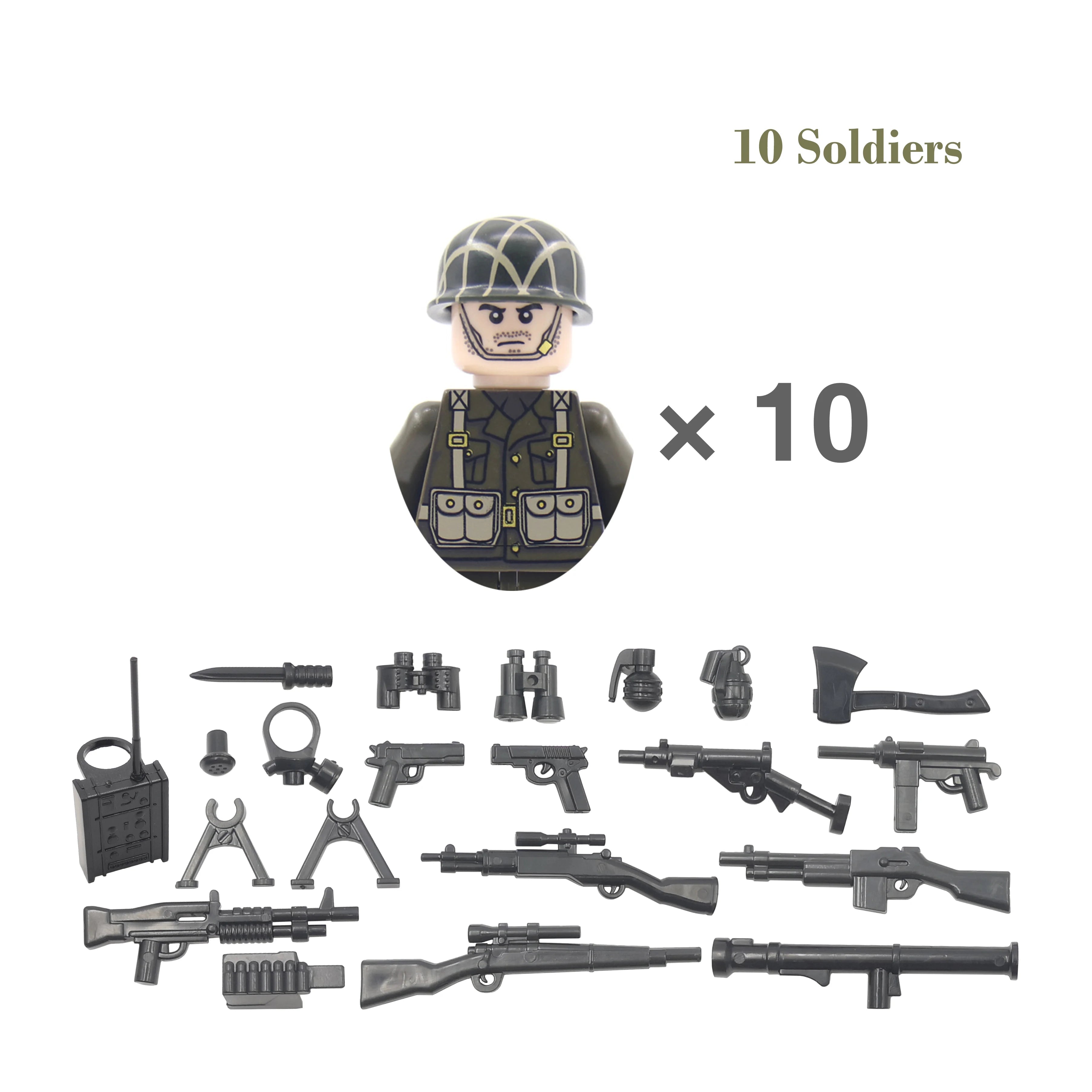 Set of toy soldier figures with weapons on a white background