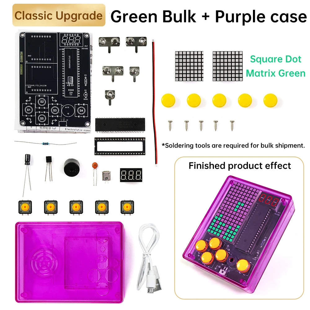 Electronic components and tools for building a project, including a purple case and green square dot matrix display.
