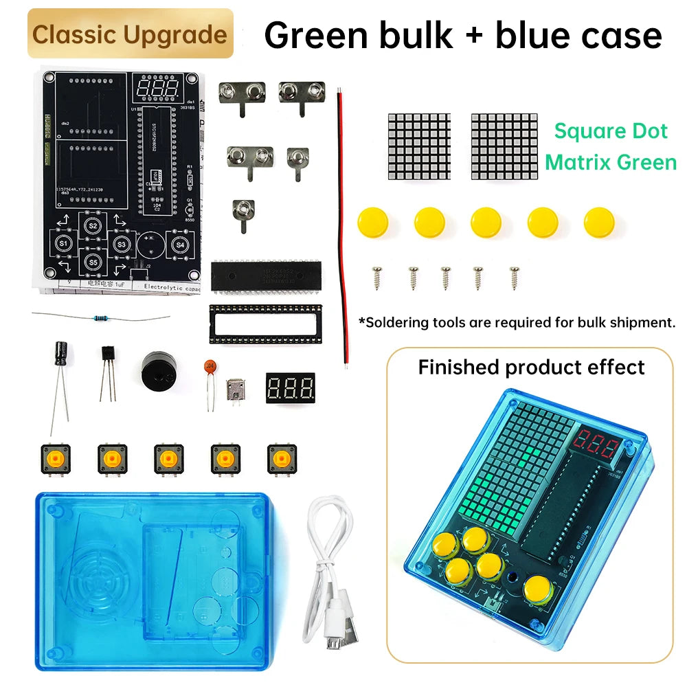 Electronic components and parts for a project with a blue case, including a square dot matrix board and yellow buttons.
