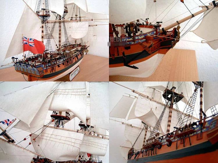 Collage of a model ship with detailed sails and rigging.