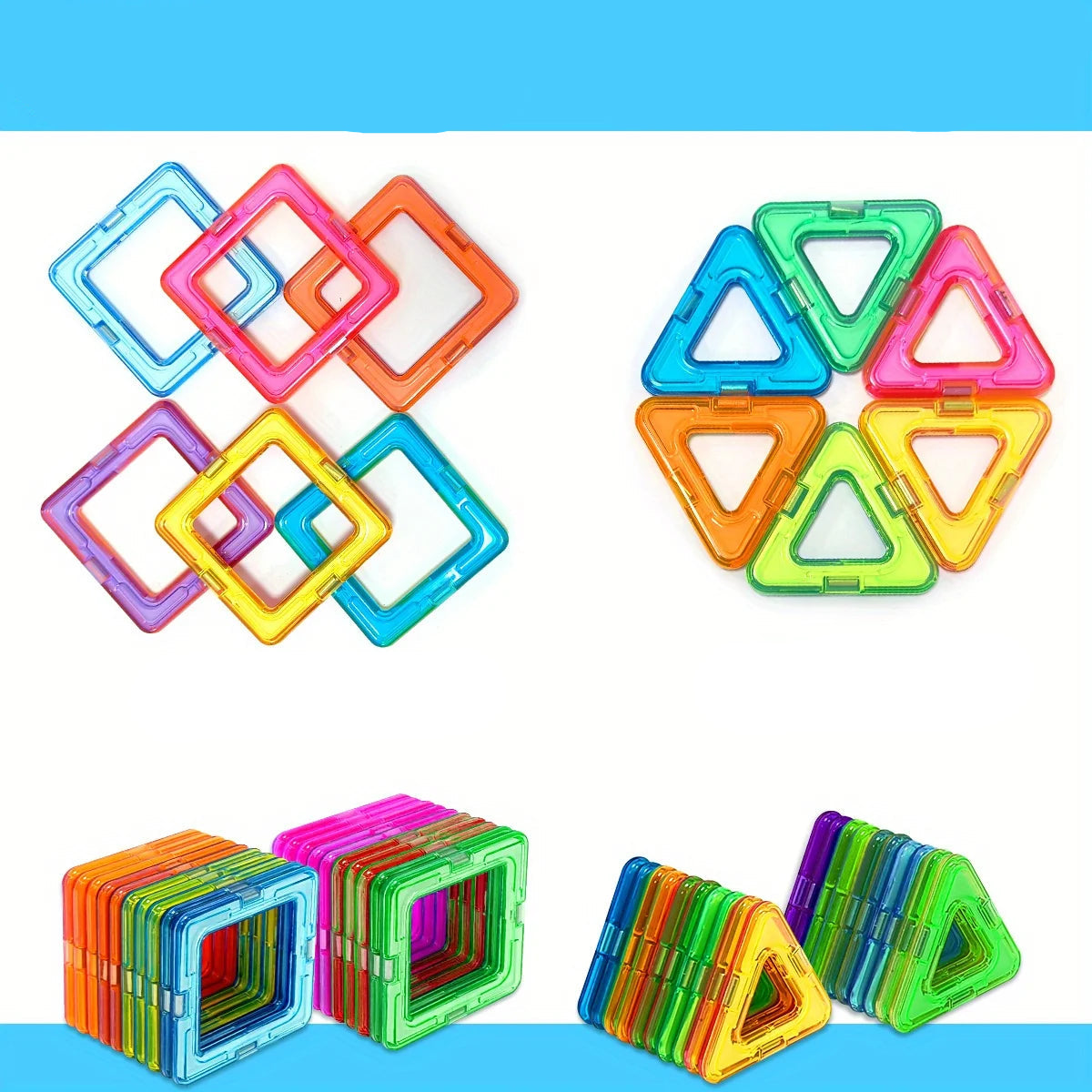 Set of colorful magnetic building blocks with packaging indicating 40 pieces, 20 squares and 20 triangles.