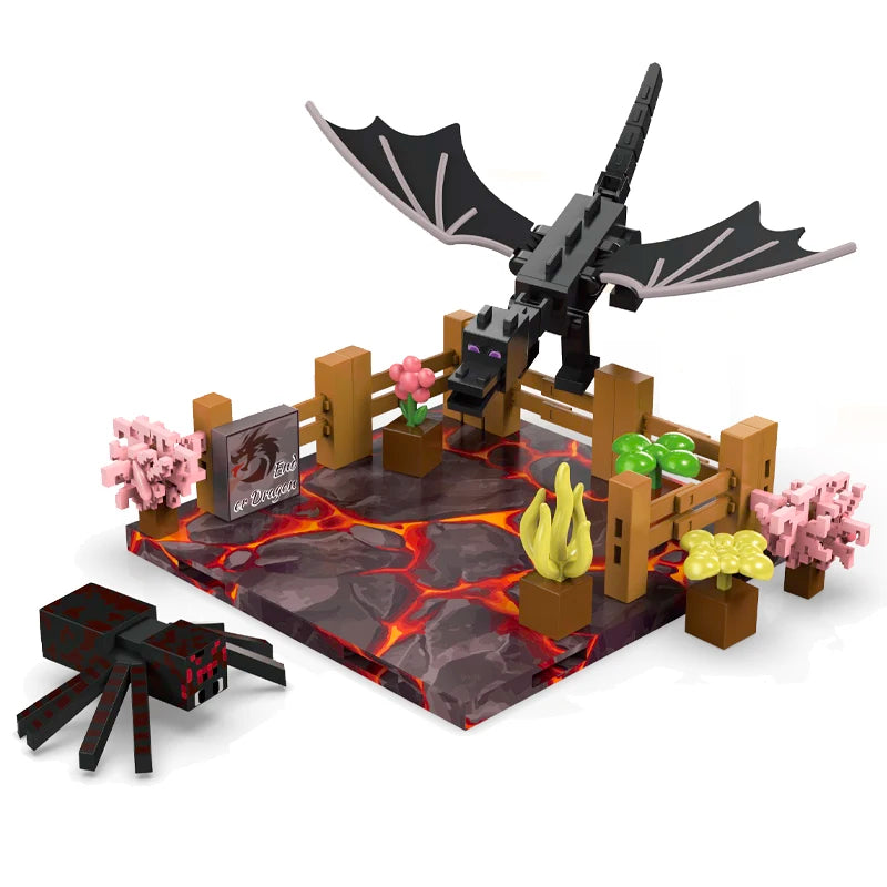 Toy dragon and spider on a lava platform with flowers and a fence