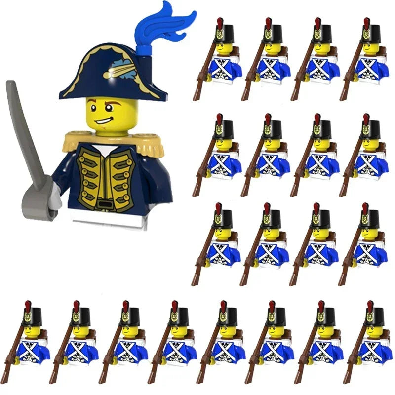 Set of Lego figures in military uniforms with a large figure in the foreground.
