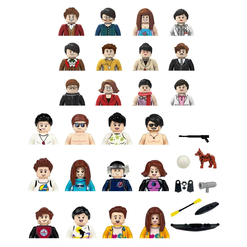 Collection of variously dressed toy figures on a white background