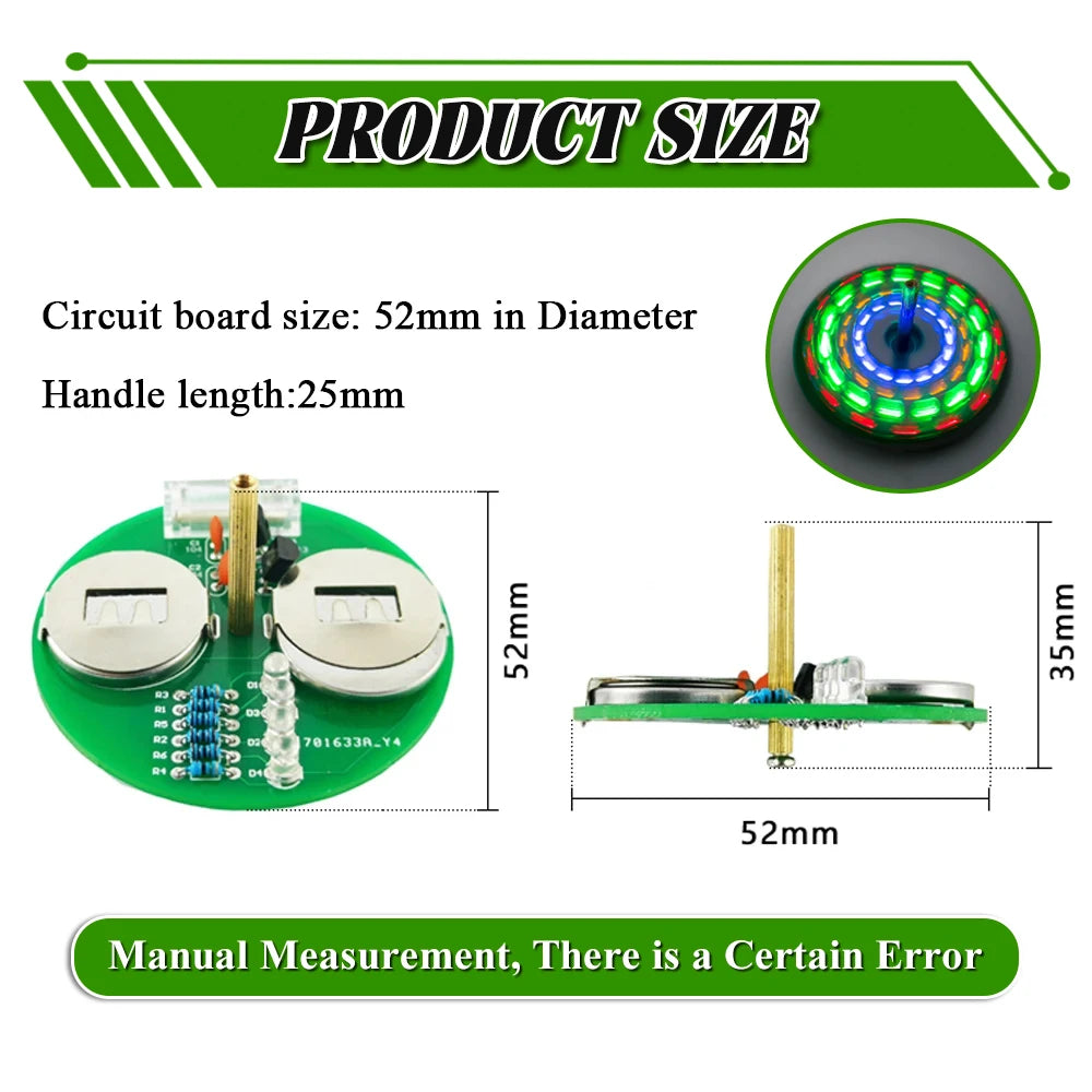 Circuit board with measurements and product size details on a green background