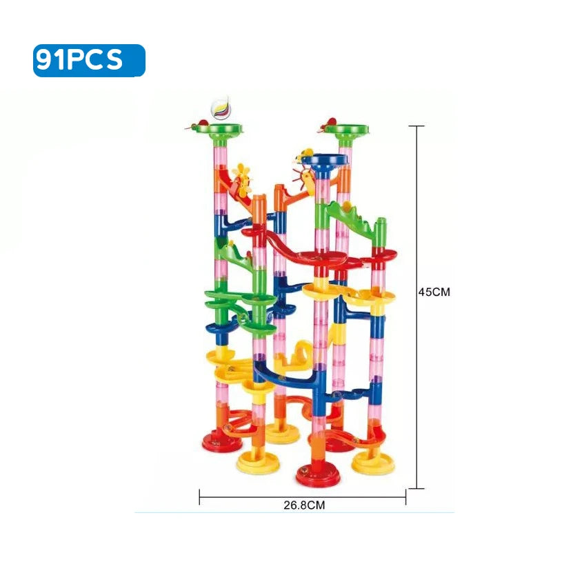 Colorful marble run toy set with 91 pieces on a white background