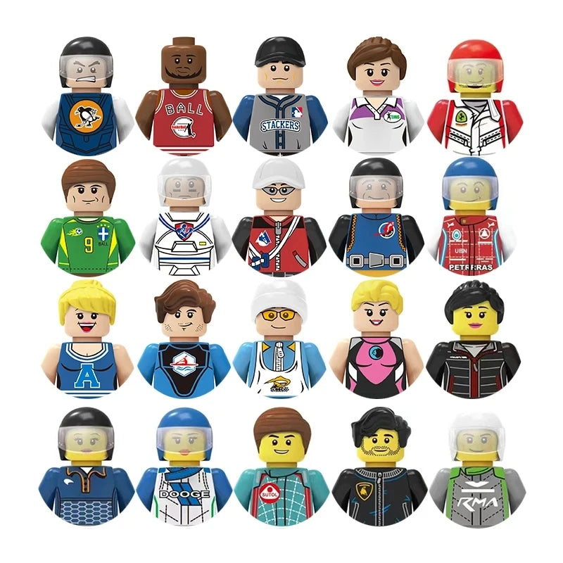 Collection of various toy figures with different outfits on a white background