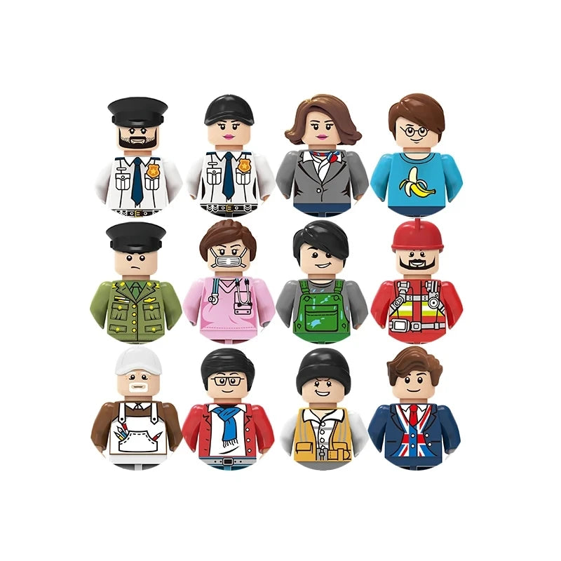 Set of toy figures in various outfits on a white background