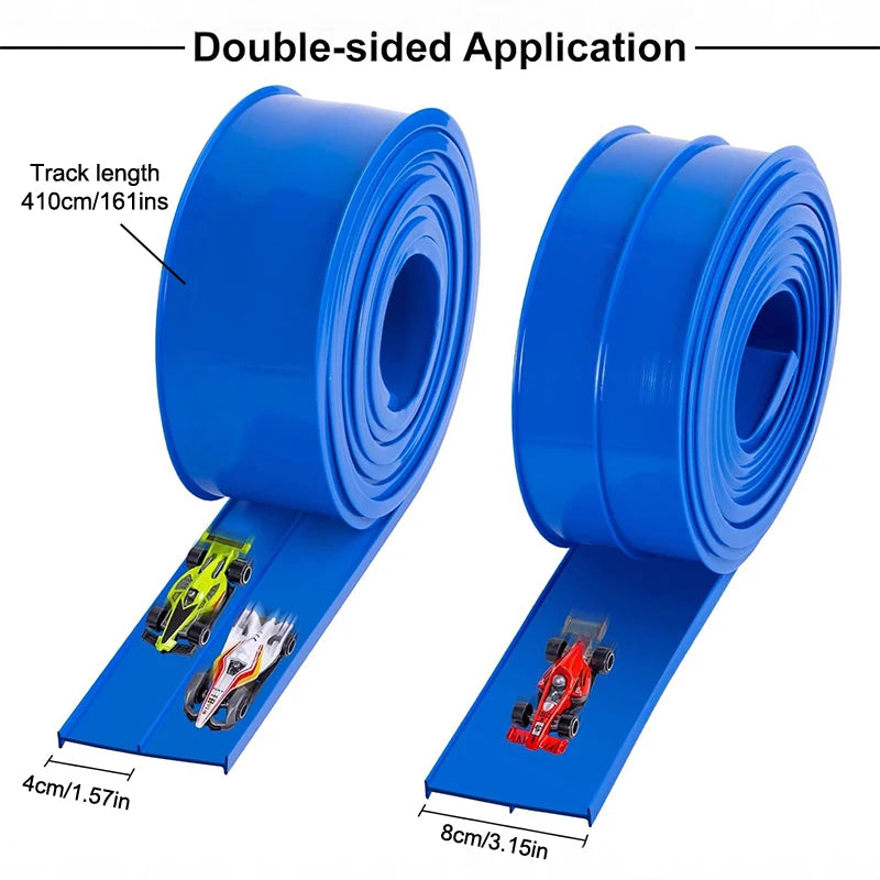 Two rolls of blue track with toy cars on a white background, labeled for double-sided application.