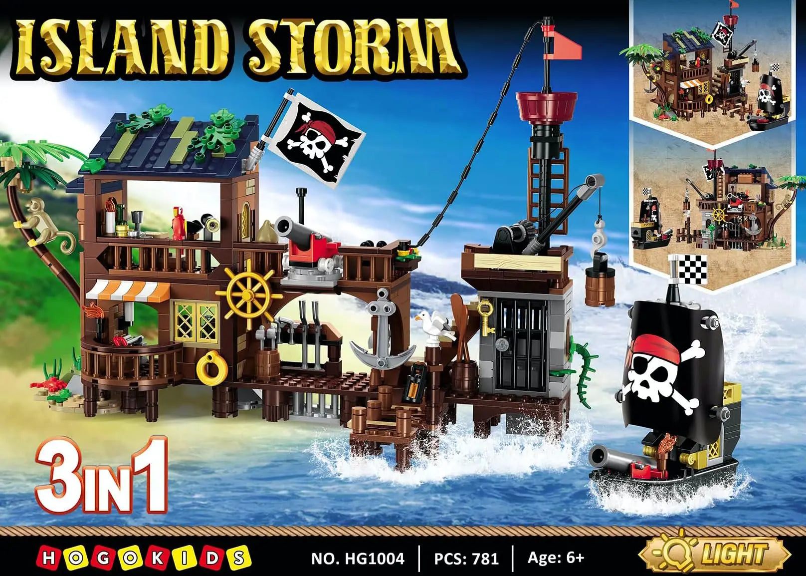 Pirate-themed building set with 'Island Storm' branding and '3 in 1' feature on a colorful background.