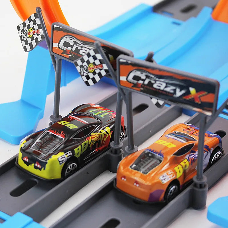Toy cars on a track with 'Crazy X' branding