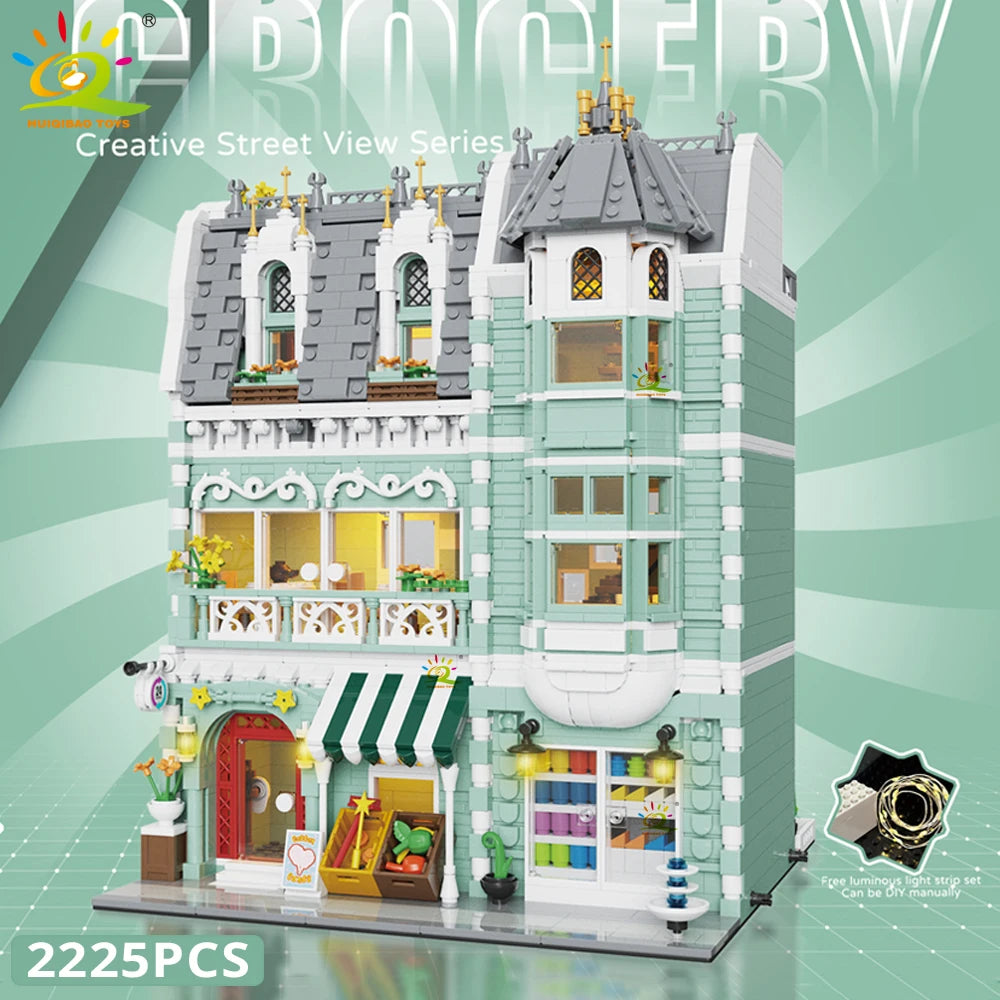 Toy building set with detailed facade on a green and gray gradient background