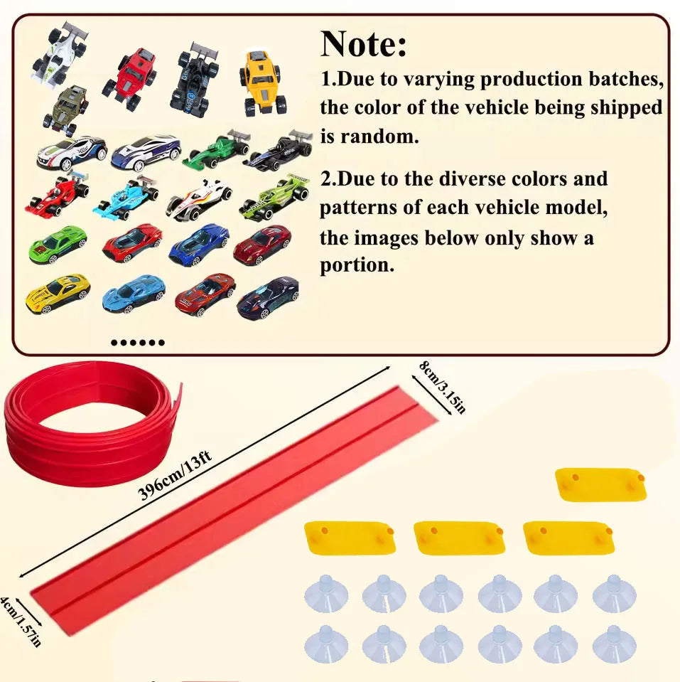 Toy car set with red track, yellow barriers, and blue flags on a beige background with text about product details.