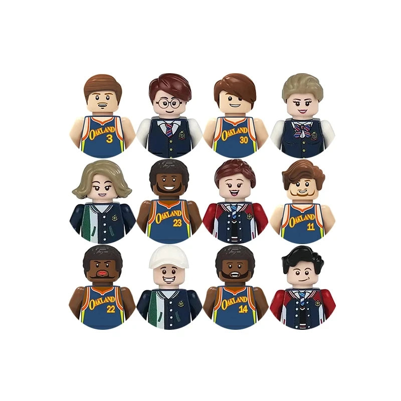 Set of toy figures in various outfits on a white background