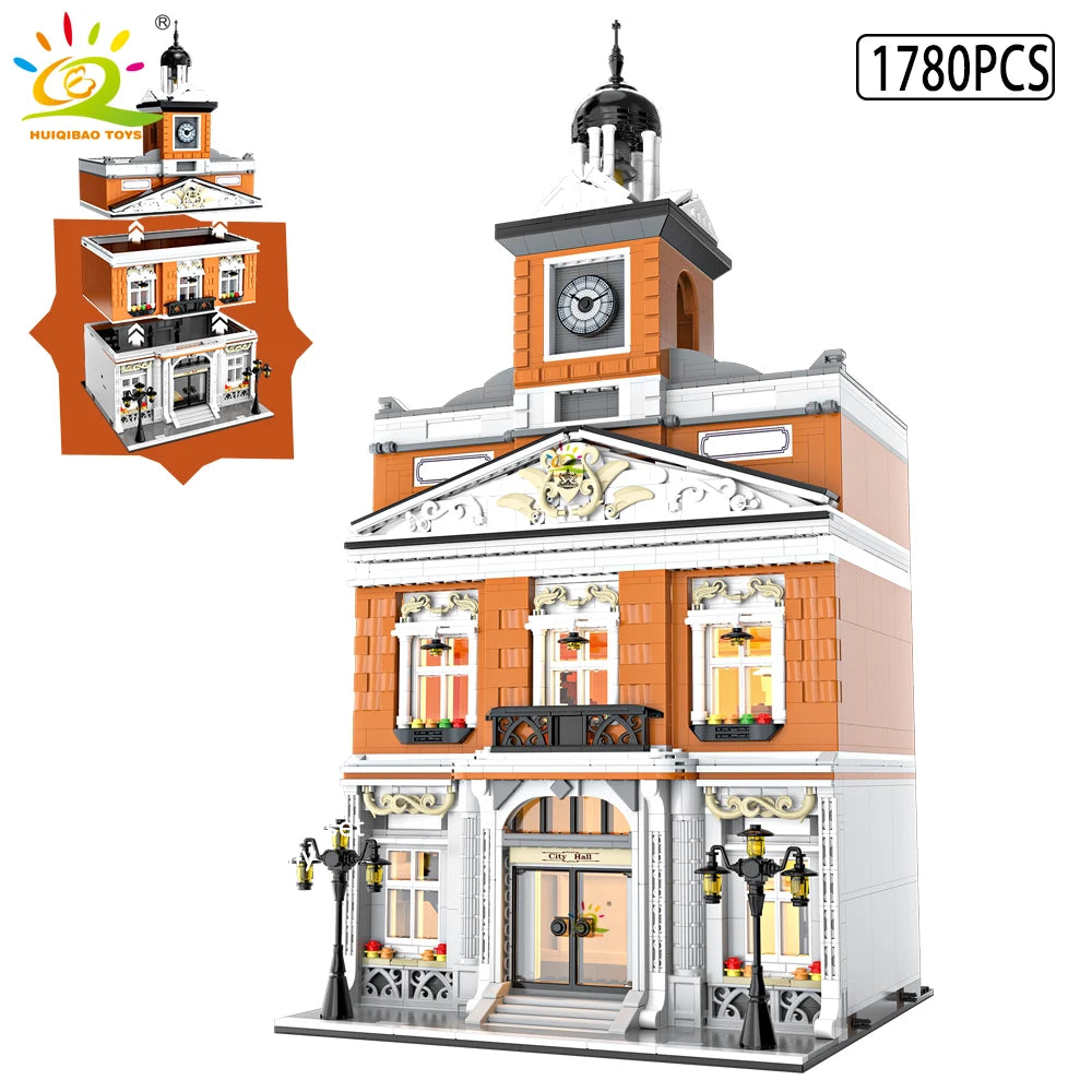Detailed model building block set with clock tower and facade, featuring 1780 pieces.