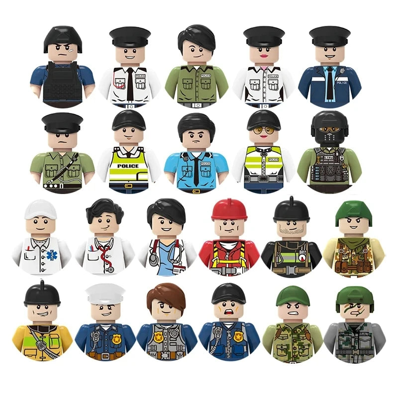 Collection of toy figures in various outfits on a white background