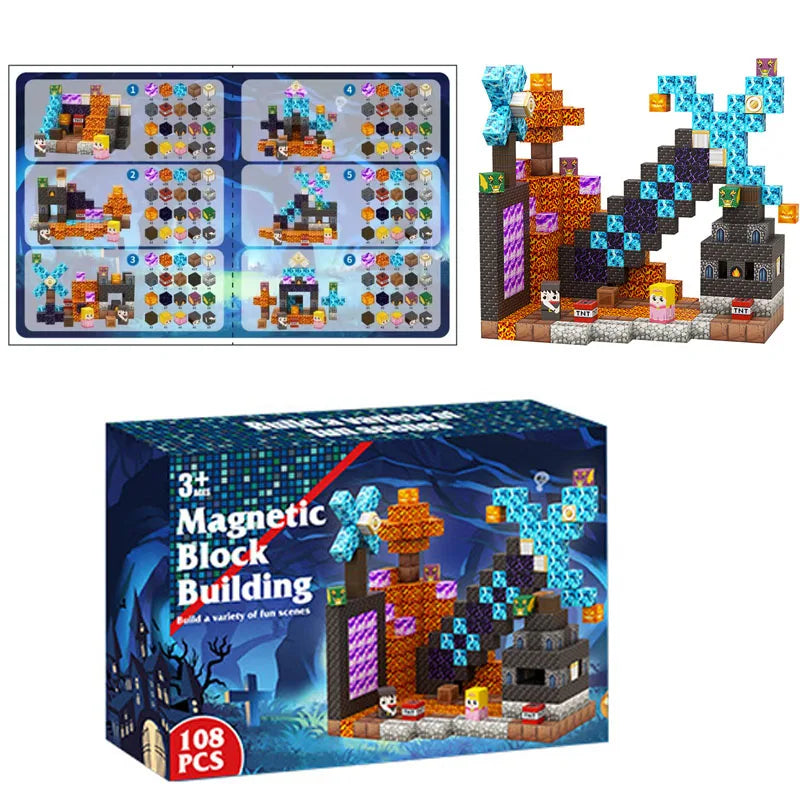 Magnetic block building set with packaging and assembled structure on a white background