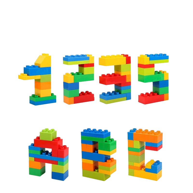 Colorful building blocks forming numbers and letters on a beige background