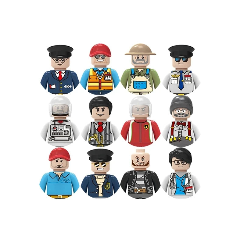 Set of 12 figurines in various outfits on a white background