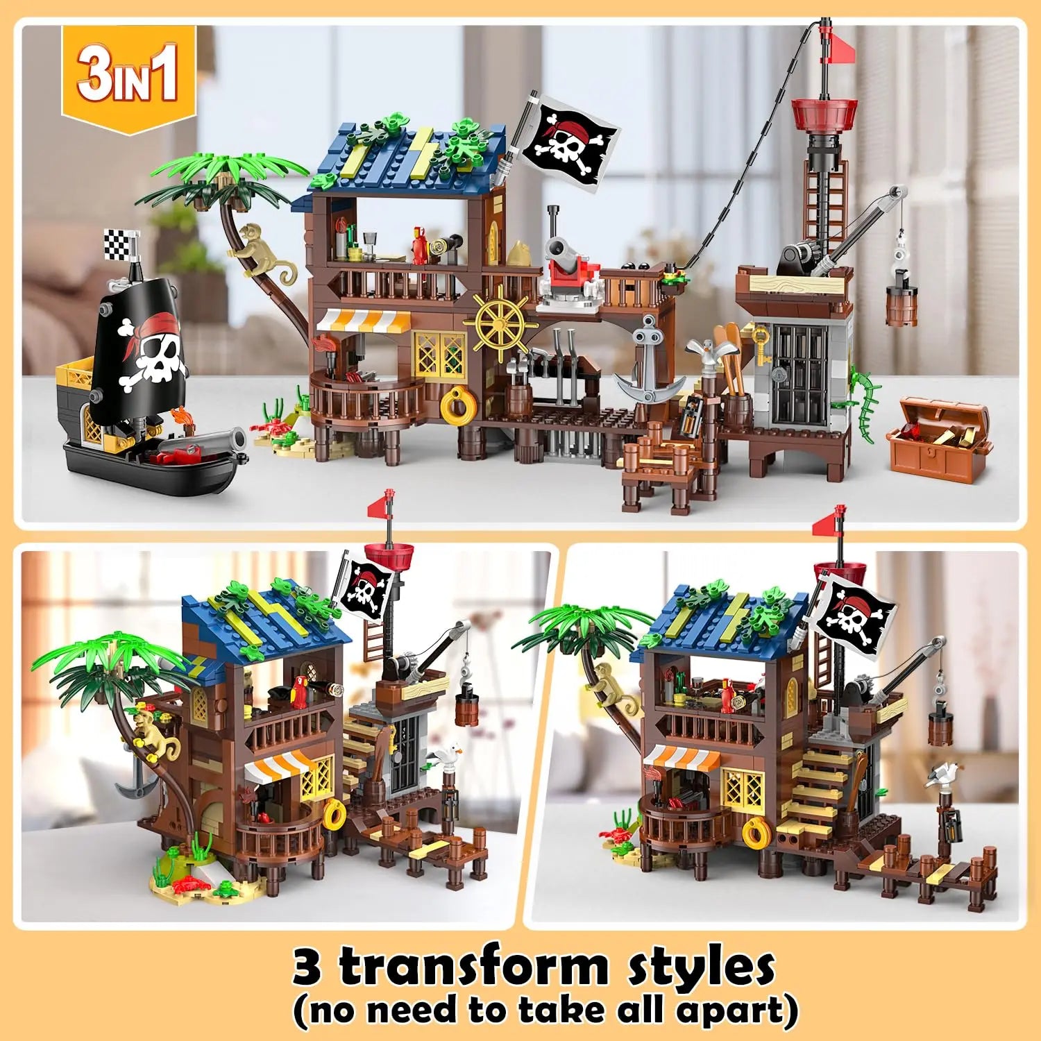Pirate-themed building set with multiple transform styles on a neutral background