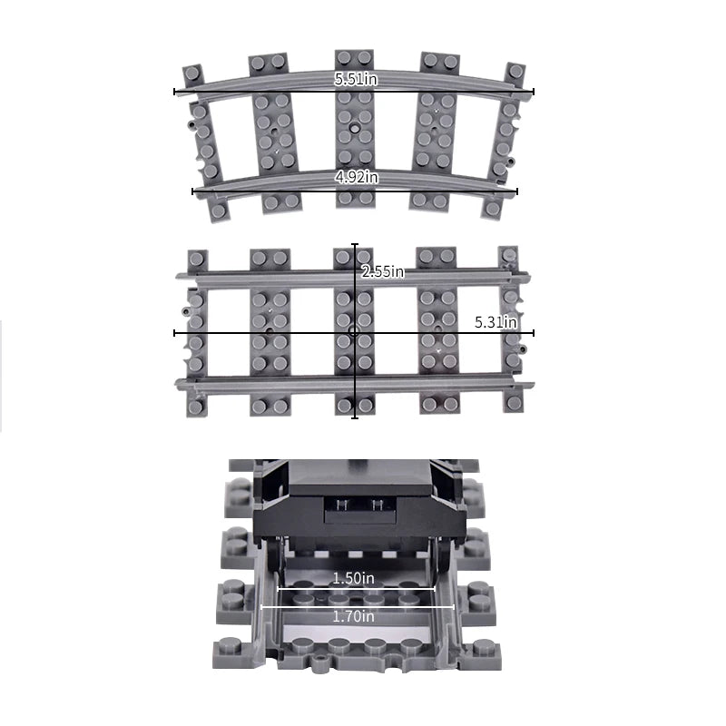 Gray building block tracks with measurements on a white background